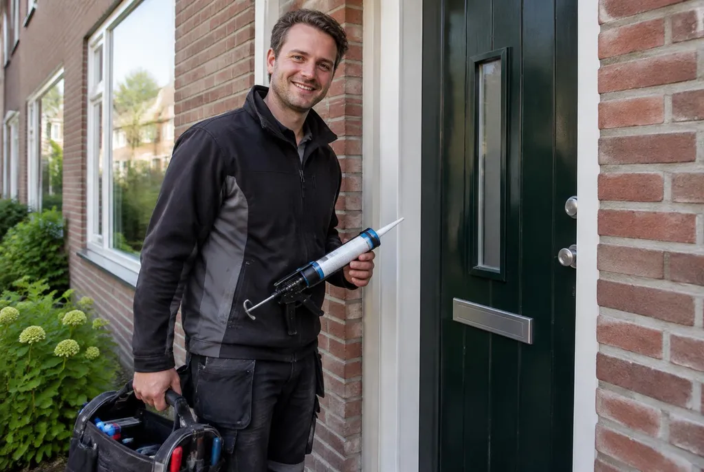 Vakman van Kitbedrijf Schiphol bij de voordeur van een woning